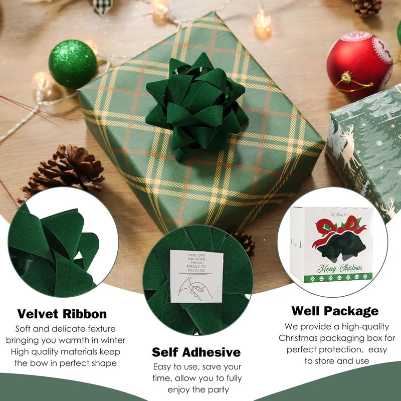 LiBongTa 4.5 Inch Green Velvet Ribbon Gift Bow Decorative Bows, Premade Christmas Bows for Gift Wrapping Self Adhesive, Wrapping Bows for Presents, Party Favor, Holiday, Wedding, Birthday-12 Counts - Image 3